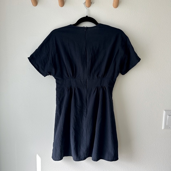 Deep V Neck Sundress with Sleeves | Buttons Down Front, A-Line Mini Dress | Navy - Picture 8 of 8